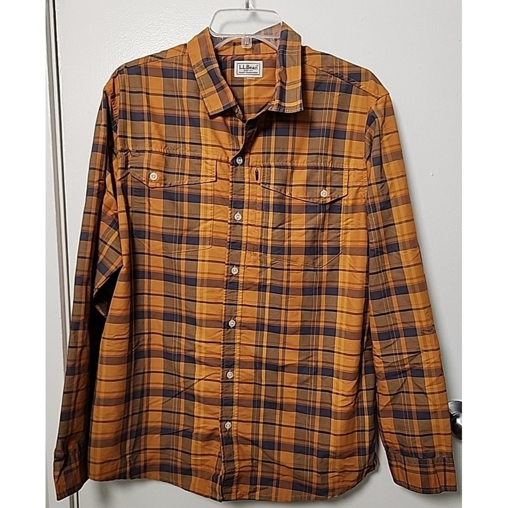 LL Bean Mens Orange Blue Plaid Button Down Lightweight Long Sleeve Zip Pocket XL
